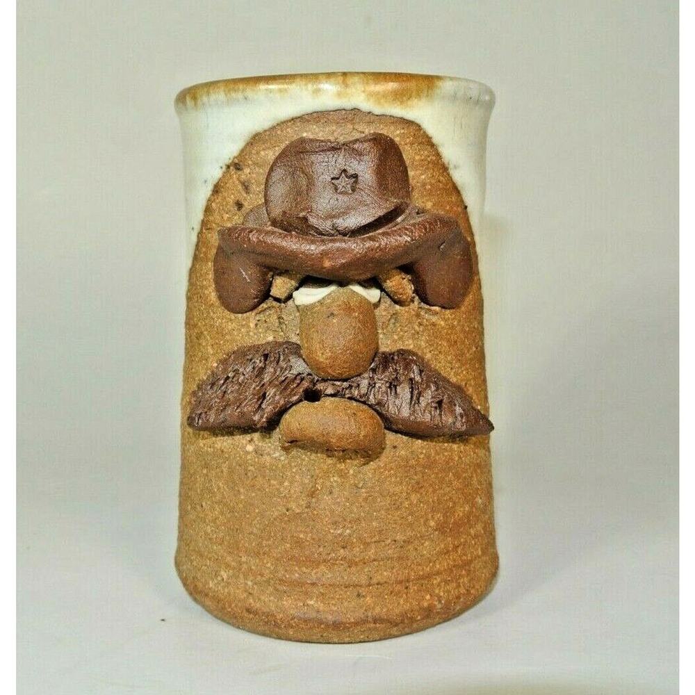 Vintage Stoneware Face Mug 3D Mustache Cowboy Sheriff Western Novelty Cup